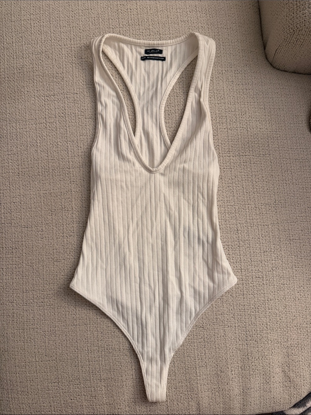 Urban Outfitters Ribbed Deep V Neck Cream Bodysuit